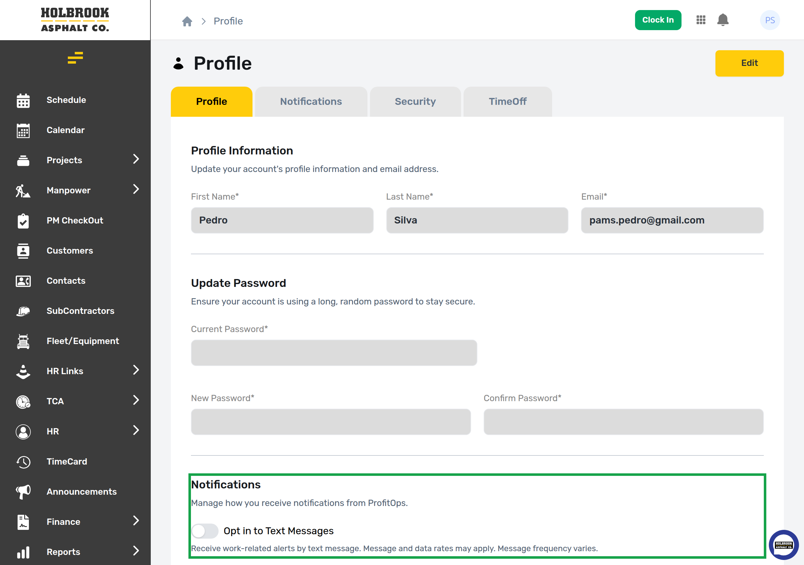 ProfitOps Profile tab showing an Opt in to Text Messages toggle in the off position, with subtext reading: Receive work-related alerts by text message. Message and data rates may apply. Message frequency varies.