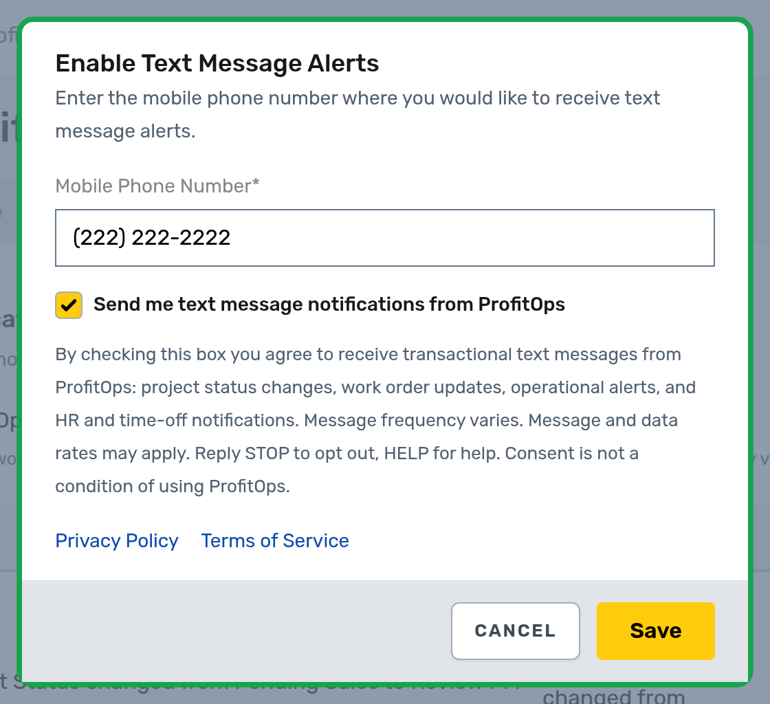 Enable Text Message Alerts dialog after completion: a mobile phone number has been entered, the consent checkbox is checked, the full disclosure text remains visible, and the Save button is now enabled.