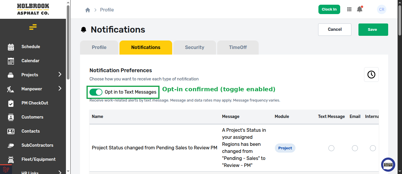 ProfitOps Notifications tab after opt-in, showing the Opt in to Text Messages toggle switched on and enabled.
